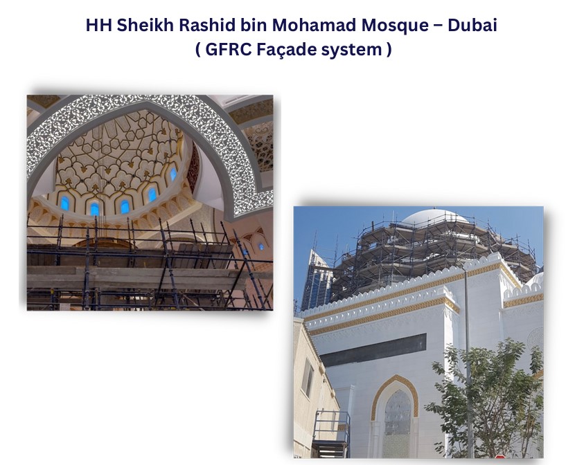 Rashid Mosque with ornate stone and glass façade detailing
